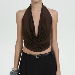 MNG Mango Flowy Cowl Draped Neckline Halter Top With Open Back Size Small Brown
